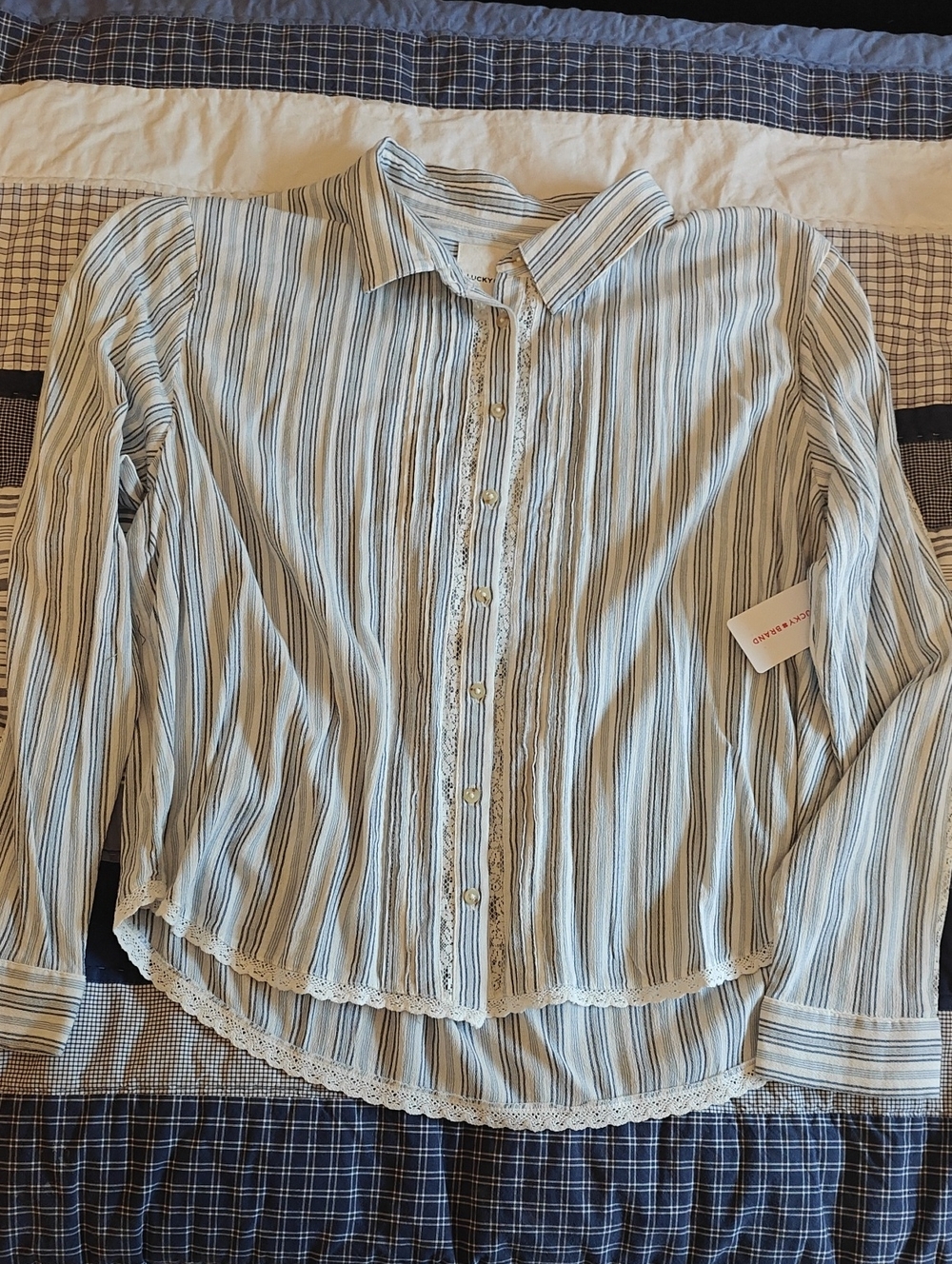 Lucky Brand Light Blue Striped Women's Button-Up Top With Lace, XL